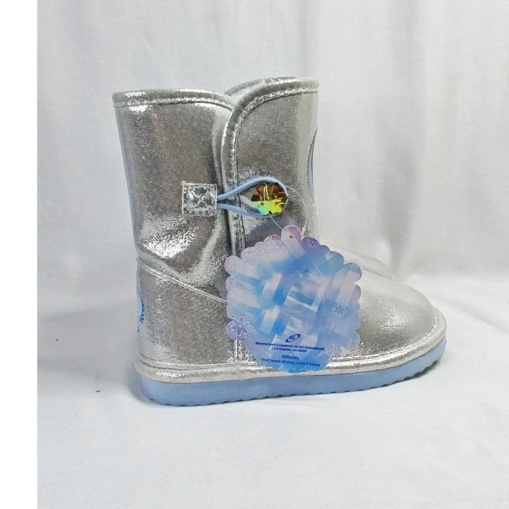 Disney Frozen Boots Silver Anna Elsa Faux Fur Metallic Snowflake Toddler 9 New